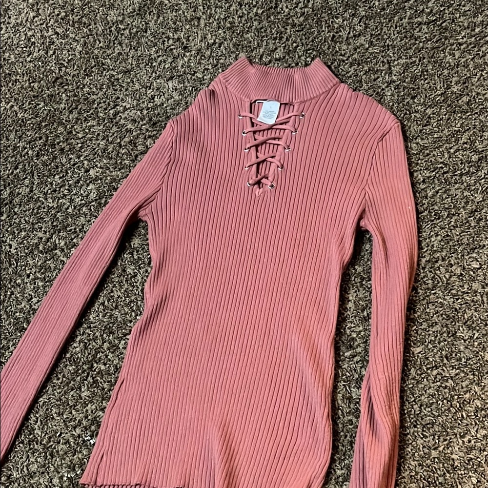 Planet Gold Pink Ribbed Tie Front Blouse